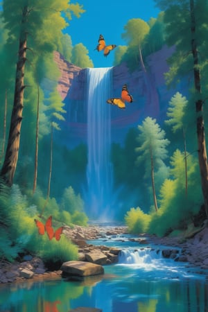 (masterpiece, best quality:1.3), dynamic cinematic view, , digital art of a scenic waterfall flowing through the forest, the water reflecting the beautiful blue sky, vibrant butterflies fluttering near the banks of the river, by David Hockney, more detail XL,scenery
