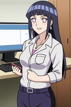 (masterpiece, best quality:1.3), (detailed manga illustration:1.2), dynamic cinematic view, chiaroscuro, 1girl, solo, full body portrait of Hinata Hyuga, office environment, working on computer, enchanting, portrait, long hair, looking at viewer, slim body, (((cowboy shot))), earrings, necklace, SFW, more detail XL,Anime,hentai,hyuuga hinata