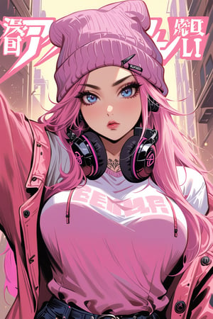 (masterpiece, best quality:1.3), (detailed manga illustration:1.2), (((manga_action))), (((magazine cover))), dynamic cinematic view, chiaroscuro, 1girl, solo, woman in casual clothes, posing for a selfie, victory sign ✌️, (((headphones_around_neck))), (((beanie))), tattoos, neon hair , pink evening, enchanting, seductive, plump, portrait, long hair, looking at viewer, blue eyes,, medium breasts, (((cowboy shot))), pout lips, niji5,more detail XL