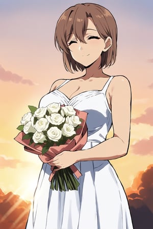 (masterpiece, best quality:1.3), 1girl, solo, full body portrait, (((40 years old woman with bouquet))), fair complexion, beautiful face, short hairstyle, summer dress, smiling, eyes closed, sunset, (((cowboy shot))), looking at viewer, tall height, slim body, medium breasts, more detail XL, Visual Anime, anime coloring, anime_screencap, fake_screenshot, Visual Anime,mature female