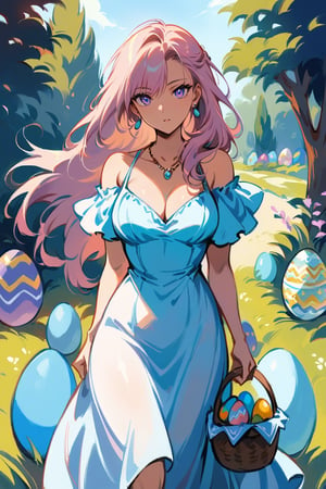 (masterpiece, best quality:1.3), (detailed manga illustration:1.2), dynamic cinematic view, chiaroscuro, 1girl, solo, full body portrait of an adult woman, summer dress, long skirt, garden, (((easter eggs basket))), enchanting, portrait, long hair, looking at viewer, slim body, (((cowboy shot))), earrings, necklace, SFW, more detail XL,Anime 