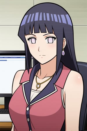 (masterpiece, best quality:1.3), (detailed manga illustration:1.2), dynamic cinematic view, chiaroscuro, 1girl, solo, full body portrait of Hinata Hyuga, office environment, working on computer, enchanting, portrait, long hair, slim body, (((cowboy shot))), earrings, necklace, SFW, more detail XL,Anime,hentai,hyuuga hinata