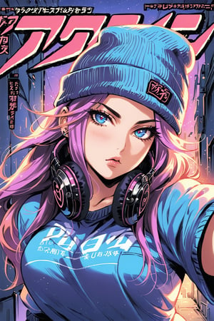 (masterpiece, best quality:1.3), (detailed manga illustration:1.2), (((((manga_action))))), (((((magazine cover))))), dynamic cinematic view, chiaroscuro, 1girl, solo, woman in casual clothes, posing for a selfie, victory sign ✌️, (((headphones_around_neck))), (((beanie))), tattoos, neon hair , neon evening, enchanting, seductive, plump, portrait, long hair, looking at viewer, blue eyes,, medium breasts, (((cowboy shot))), pout lips, by Futabasha, niji5,more detail XL
