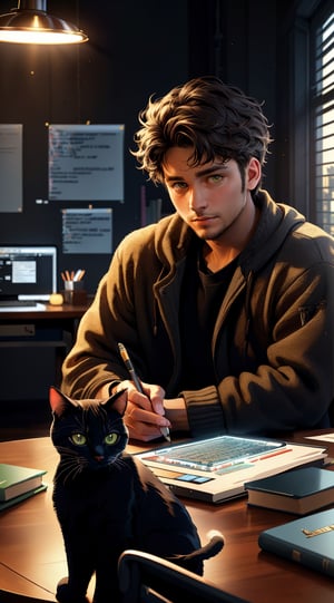 (masterpiece,best quality,ultra-detailed,16K,intricate, realistic,high contrast,photorealistic,HDR,vibrant color,RAW photo), (((30 y/o man)))), (((coding))), (((study room))), night, cool tone, rembrandt lighting, chiaroscuro lighting,cinematic shot,greg rutkowski, pet cat