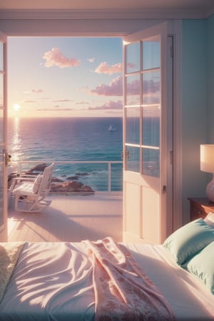 view from bedroom window, bed, ocean, yatch, sunrise, pleasant morning, beautiful view, soft pastel colors, scenic, eye pleasing, masterpiece, digital painting style ,concept