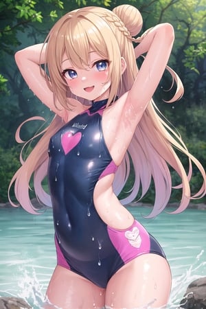 best quality,best quality, best masterpiece,cute anime face,Authentic skin texture,braid,hair bun2cutegirls,,young,heart-shaped eyesflat chestcameltoethong, standing, smile, armpit, wet_clothes 