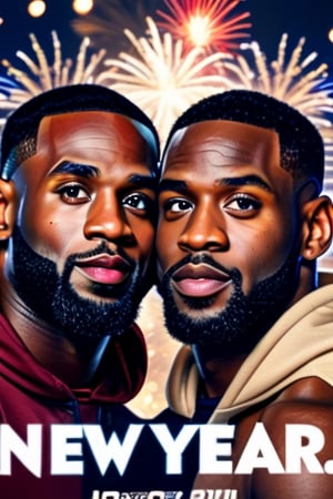 (+18) ,  professional candid photo, masterpiece, highly detailed, hyper realistic, Lebron James and Dwyane Wade celebrating new year fire works The Star death , (text "2024") , (((text "New Year"))) ,
Beautiful eyes, perfect eyes , matte photography, 
,,Realism,Young beauty spirit ,Portrait,Text