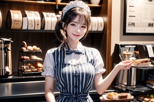 1 becautiful teen girl, light smile, looking at viewer, ponytail, streaked hairs, brown hair, gigant breasts,wearing maid uniform ,maid headdress ,  striped dress white apron black ribbonstanding on the coffee shop, food,OnoShiragiku.