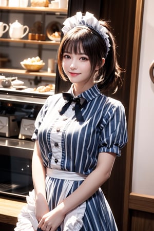 1 becautiful teen girl, light smile, looking at viewer, ponytail, streaked hairs, brown hair, gigant breasts,wearing maid uniform ,maid headdress , striped dress ,white apron, black ribbon, standing inside the coffee shop,food. OnoShiragiku.,OnoShiragiku