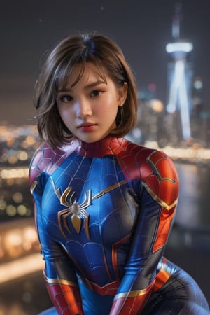 1girl, night, cityscape, city lights, upper body, close up, 8k, raw photos, best quality, masterpiece, realistic, photo realistic, spider-man suit, huge, thick thighs, asian face, short hair, brunette hair
