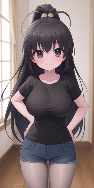 (masterpiece), best quality, high resolution, extremely detailed, detailed background, perfect lighting,hina takanashi, long hair, black hair, (black eyes:1.3), ponytail, antenna hair, child, (voluminous hair:1.3), (t-shirt:1.5), denim shorts, pantyhose, collarbone, light smile, joyful eyes, cute pose, BREAK indoors, hot springs, BREAK looking at viewer, (cowboy shot:1.5), BREAK, (masterpiece:1.2), best quality, high resolution, unity 8k wallpaper, (illustration:0.8), (beautiful detailed eyes:1.6), extremely detailed face, perfect lighting, extremely detailed CG, (perfect hands, perfect anatomy), solo, ultra beautiful, ((((feminine)))), ((((large breasts)))), ((((slim figure))),narrow waist,hands on own hips,