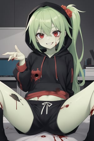 zombie girl, red eyes,green hair, rotten skin,green skin, side ponytail, messy hair, printed hoodie, hood up, black sports shorts, sitting, cute pose, office, 18+ anime style+horror style, blood,crazy smile,gesugao