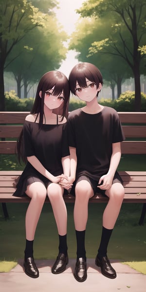 (masterpiece), best quality, high resolution, extremely detailed, detailed background, perfect lighting,couple,duo, brother and sister sitting on bench in the park,holding hands