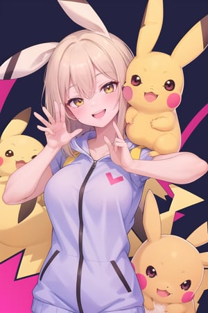 (masterpiece), (best quality), (ultra-detailed), 1girl,smiling,winking,pikachu onesie,dynamic pose,fractal background