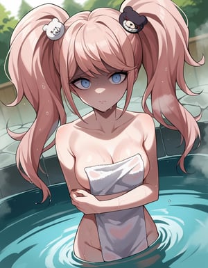 score_9,score_8_up,score_7_up,source_anime,junko enoshima, long hair, bangs, blue eyes, pink hair, hair ornament, twintails, bear hair ornament,medium breasts,shaded face, sad,nude, naked, outdoors, onsen, towel, naked towel, steam, bathing, nude cover, partially submerged, water, bath, steam censor, wet towel, looking at viewer, cowboy shot, dutch angle,