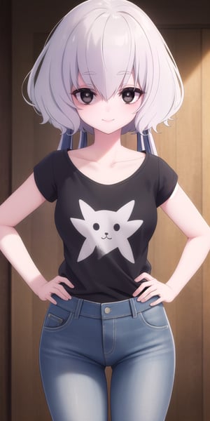 (masterpiece), best quality, high resolution, extremely detailed, detailed background, perfect lighting,junko konno, low twintails, (black eyes:1.5), twintails, white hair, (t-shirt:1.5), denim shorts, pantyhose, collarbone, light smile, joyful eyes, cute pose, BREAK indoors, hot springs, BREAK looking at viewer, (cowboy shot:1.5), BREAK, (masterpiece:1.2), best quality, high resolution, unity 8k wallpaper, (illustration:0.8), (beautiful detailed eyes:1.6), extremely detailed face, perfect lighting, extremely detailed CG, (perfect hands, perfect anatomy), solo, hands on own hips,