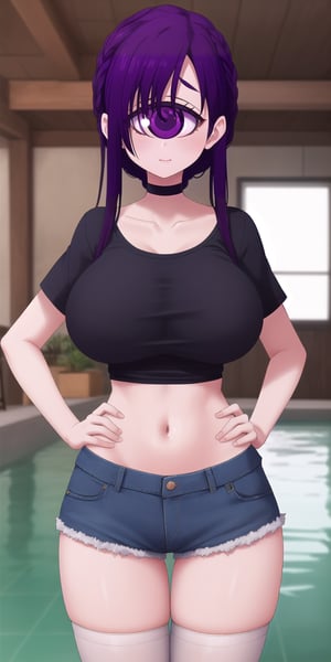 (masterpiece), best quality, high resolution, extremely detailed, detailed background, perfect lighting, 22yo,1girl,female focus,meme redon, purple hair, (purple eyes:1.1), monster girl, (one-eyed:1.5), cyclops, (voluminous hair:1.3), (t-shirt:1.5), denim shorts, pantyhose, collarbone, light smile, joyful eyes, cute pose, BREAK indoors, hot springs, BREAK looking at viewer, (cowboy shot:1.5), BREAK, (masterpiece:1.2), best quality, high resolution, unity 8k wallpaper, (illustration:0.8), (beautiful detailed eyes:1.6), extremely detailed face, perfect lighting, extremely detailed CG, (perfect hands, perfect anatomy), solo, ultra beautiful, ((((feminine)))), ((((large breasts)))), ((((slim figure))),narrow waist,hands on own hips,