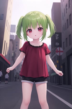 (masterpiece), best quality, high resolution, extremely detailed, detailed background, perfect lighting,(child:1.5),short shorts,red eyes,green hair,short hair,short twintails,blouse,standing,city,child female