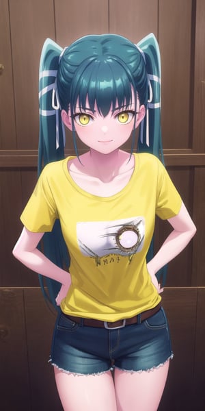 (masterpiece), best quality, high resolution, extremely detailed, detailed background, perfect lighting,yachiho azuma,long hair, twintails, hair ribbon, aqua hair, (yellow eyes:1.3), (t-shirt:1.5), denim shorts, pantyhose, collarbone, light smile, joyful eyes, cute pose, BREAK indoors, hot springs, BREAK looking at viewer, (cowboy shot:1.5), BREAK, (masterpiece:1.2), best quality, high resolution, unity 8k wallpaper, (illustration:0.8), (beautiful detailed eyes:1.6), extremely detailed face, perfect lighting, extremely detailed CG, (perfect hands, perfect anatomy), solo, hands on own hips,