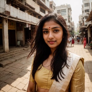 (8k, highest quality, ultra detailed:1.1), Kiran, an 18-year-old stunning Indian girl, explores the bustling streets of a vibrant city. She wears a stylish outfit that reflects her modern Indian style. Her captivating eyes, long eyelashes, and radiant smile add to her charm. The high-resolution image captures ultra-detailed realism, emphasizing Kiran's eyes, face, and the vibrant cityscape with photorealistic precision. The dynamic city backdrop creates a visually stunning representation of Kiran's urban exploration and Indian beauty.,photorealistic