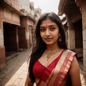 (8k, highest quality, ultra detailed:1.1), Kiran, an 18-year-old stunning Indian girl, explores the bustling streets of a vibrant city. She wears a stylish outfit that reflects her modern Indian style. Her captivating eyes, long eyelashes, and radiant smile add to her charm. The high-resolution image captures ultra-detailed realism, emphasizing Kiran's eyes, face, and the vibrant cityscape with photorealistic precision. The dynamic city backdrop creates a visually stunning representation of Kiran's urban exploration and Indian beauty.,photorealistic, saree