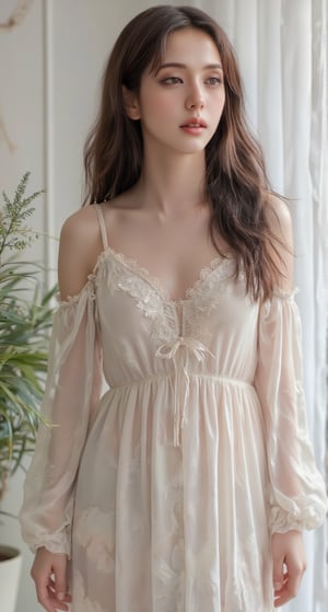 
a beautiful woman stands in a soaked water  invisible silk nightgown adorned with a scalloped trim. Her long,highlight wavy brown hair is cascading down her shoulders, framing her face. She is in front of a window, with a potted plant on the left side of the frame, adding a touch of greenery to the scene