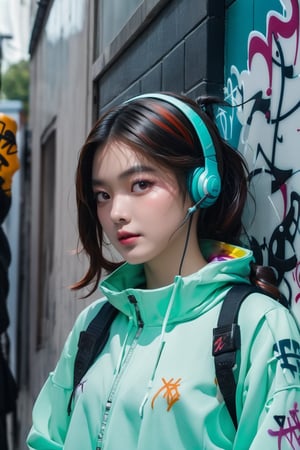 Photorealistic:1.2,Hyperdetailed, solo, urban techwear outfit, (graffiti:1.5), paint splatter, arms behind back, against wall, looking at viewer, armband, thigh strap, paint on body, head tilt, bored, multicolored hair, aqua eyes, headset,urban techwear,high_res, 1girl, most beautiful korean girl, Korean beauty model, idol face, gorgeous girl, 18yo, over sized eyes, big eyes, looking at viewer