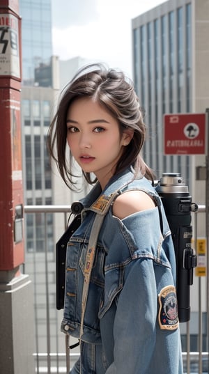 (masterpiece, best quality, photorealistic, trending on artstation:1.2), (skilled female photographer:1.3) with (short, stylishly messy brown hair:1.1) and (vintage camera slung over shoulder:1.2), wearing a (fashionable denim jacket:1.2) with (urban-inspired patches:1.1), holding a (professional DSLR camera:1.4) with (intricate lens details:1.2), creative atmosphere, observant emotion, urban tone, medium intensity, inspired by street photography and urban landscapes, gritty aesthetic, monochromatic color palette with (rich gray accents:1.1), introspective mood, soft natural lighting, side view, looking out at the cityscape through the camera lens, surrounded by (urban skyscrapers:1.2) and (city streets:1.1), focal point on the photographer's face, highly realistic fabric texture, atmospheric mist effect, high image complexity, detailed environment, subtle movement of the photographer's hands, contemplative energy.,s4str0,frey4,ghiselakell,chines,angelkaramoy, ,gheayoubi,bc1,wul4n,bul4n