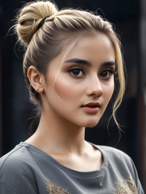 Create an original concept art of a blond hairbun female character inspired by the horror genre. Portrait, 1girl wearing tshirt, The character should be surrounded by flowing black ink that integrates with her form, creating an enigmatic and darkly elegant appearance. The artwork should be highly detailed and photorealistic, resembling a fluid gouache painting with elements of calligraphy. Employ a blend of natural and volumetric lighting to accentuate the intricate, complex design, giving the piece a fantastical and maximalist feel. The image should convey a sense of mystery and sophistication, matching the quality of an 8k resolution professional photograph.,SalmaHayek,ch3ls3a,gh3a