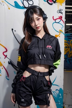 Photorealistic:1.2,Hyperdetailed, solo, urban techwear outfit, (graffiti:1.5), paint splatter, arms behind back, against wall, looking at viewer, armband, thigh strap, paint on body, head tilt, bored, multicolored hair, aqua eyes, headset,urban techwear,high_res, 1girl, most beautiful korean girl, Korean beauty model, idol face, gorgeous girl, 30yo, normal sized eyes, normal eyes, looking at viewer