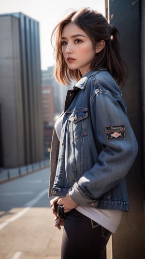 (masterpiece, best quality, photorealistic, trending on artstation:1.2), (skilled female photographer:1.3) with (short, stylishly messy brown hair:1.1) and (vintage camera slung over shoulder:1.2), wearing a (fashionable denim jacket:1.2) with (urban-inspired patches:1.1), holding a (professional DSLR camera:1.4) with (intricate lens details:1.2), creative atmosphere, observant emotion, urban tone, medium intensity, inspired by street photography and urban landscapes, gritty aesthetic, monochromatic color palette with (rich gray accents:1.1), introspective mood, soft natural lighting, side view, looking out at the cityscape through the camera lens, surrounded by (urban skyscrapers:1.2) and (city streets:1.1), focal point on the photographer's face, highly realistic fabric texture, atmospheric mist effect, high image complexity, detailed environment, subtle movement of the photographer's hands, contemplative energy.,s4str0,frey4,ghiselakell,chines