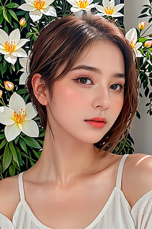 Masterpiece, HD, 8K, A captivating and minimalist illustration of a 20-year-old woman. The upper body, the face is drawn at a 45-degree angle in the center, and delicate touches of pastel accentuate her (high-topped hair color), large eyes, plump cheeks and lips, beautiful white skin and small face with elegant touches. Similar to the touch of Fakhtali Abderrahim, fragile and delicate, the background is a space surrounded by many luminous flowers, and the colorful, magical and mysterious presence is reflected in the expression.,ZeeJKT48