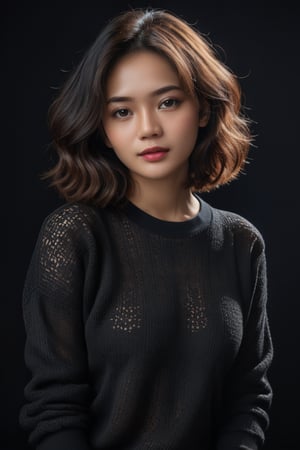 masterpiece, best quality, ultra-detailed, ultra high res, (photorealistic:1.4), raw photo, (realistic:0.2), 8k HDR, realistic lighting, 1girl, solo, looking at viewer, indonesian woman, short wavy hair, (detailed oily skin), black eyes, (detailed face), (simple black background:1.1), (upper body:1.2), collared black sweater