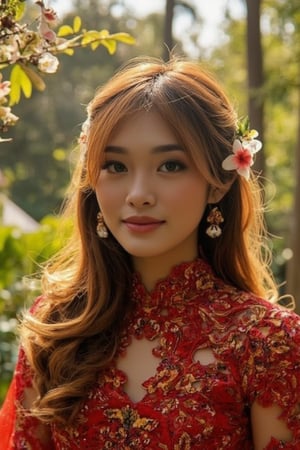 A serene and captivating portrait of a beautiful american woman. The subject sits elegantly amidst a lush forest, adorned in a red traditional kebaya dress, her straight golden locks framing her radiant face. Her smile, though closed-mouthed, still conveys warmth as subtle dimples appear on her cheeks. Delicate flowers adorn her hair, adding a touch of whimsy to the composition. The warm sunlight filters through the trees, casting gentle rays that illuminate her features and the intricate details of her dress.