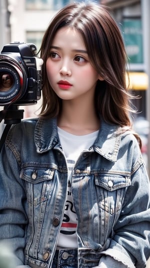 (masterpiece, best quality, photorealistic, trending on artstation:1.2), (skilled female photographer:1.3) with (short, stylishly messy brown hair:1.1) and (vintage camera slung over shoulder:1.2), wearing a (fashionable denim jacket:1.2) with (urban-inspired patches:1.1), holding a (professional DSLR camera:1.4) with (intricate lens details:1.2), creative atmosphere, observant emotion, urban tone, medium intensity, inspired by street photography and urban landscapes, gritty aesthetic, monochromatic color palette with (rich gray accents:1.1), introspective mood, soft natural lighting, side view, looking out at the cityscape through the camera lens, surrounded by (urban skyscrapers:1.2) and (city streets:1.1), focal point on the photographer's face, highly realistic fabric texture, atmospheric mist effect, high image complexity, detailed environment, subtle movement of the photographer's hands, contemplative energy.,s4str0,frey4,ghiselakell,chines,angelkaramoy, ,gheayoubi,bc1,wul4n,bul4n,berlianalovell,yukikato,est4