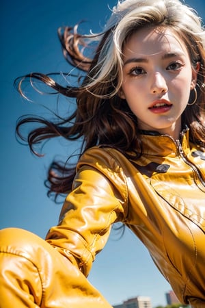 1girl, long hair, curlu hair, red and white hair, breasts, green eyes, lipstick, makeup, lips, white hair, two-tone hair,black headband:1.4,
yellow bodysuit,jacket,green jacket, gloves,belt,yellow gloves,green bodysuit, bodysuit, multicolored bodysuit,superhero, skin tight,multicolored clothes, rogue, long boots, 80s look, heels,  happy, floating debris,  natual light, realistic:1.4, floating in the hair, blue sky, 
skyscraper, floating, flying, close-up, portrait, 
,CARTOON_X_MENs_Rogue