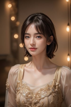 Close-up portrait of a cute Thai woman with bangs short hair, elegantly dressed in a flowing golden evening gown, standing at a luxurious beachfront club. The warm, soft glow from the string of warm light bulbs casts a gentle light on her face, creating a cozy and inviting atmosphere. The background is blurred with beautiful bokeh effects, adding a touch of dreaminess to the scene. The woman’s expression is serene and content as she enjoys the ambiance of the night, with the sound of gentle waves in the background. The image is captured in 8k resolution, focusing on the warmth of the lighting and the delicate details of the golden gown and surroundings.