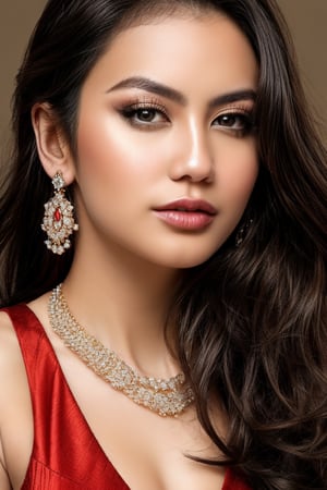 Generate hyper realistic image of a indonesian woman with dark red hair framing her face, her mesmerizing brown eyes locking with the viewer's gaze with an intensity. Dressed in a stunning red dress that hugs her curves, she exudes glamour and sophistication. She has large breasts and slim waist. Adorned with tasteful jewelry, including shimmering earrings that add a hint of sparkle and a delicate necklace that complements her attire, she stands outdoors, radiating confidence and allure.