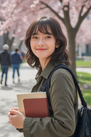 ultra beautiful college girl very light freckles, carrying her books, stealy clear almosts silver white eyes, curls swurls, hopes and dreams, on an open college campus like a park on a windy spring day with cherry blossoms, 8k Resolution