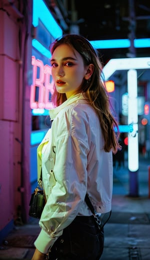 Girl posing solo under neon lights, stylish, contemporary, chic, trendy, self-assured, DSLR camera, prime lens, evening, fashion editorial shoot, color film, medium realism, dramatic neon lighting,gh3a,ch3ls3a,b3rli,lun4