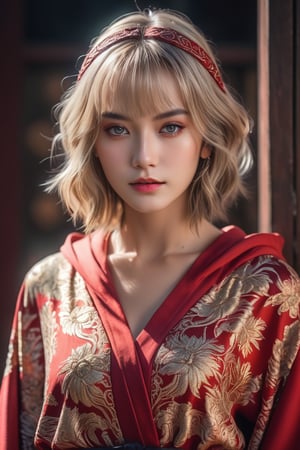 A girl with short blonde hair, with detailed ornate fur hooded kimono, red hooded kimono, miniskirt, fantasypunk. (Cinematic lighting, ethereal light, intricate details, extremely detailed, incredible details, full colored), complex details, hyper maximalist, gorgeous light and shadow, detailed decoration, detailed lines. masterpiece, best quality, HDR, UHD, unreal engine. looking at the camera, fair skin, beautiful face, (beautiful eyes:1.5), perfect eyes, detailed eyes, beautiful nose,rayen dress