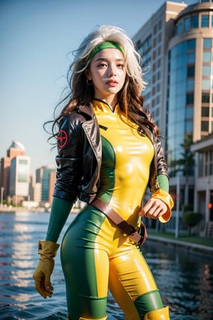 1girl,long hair,curlu hair, red and white hair, breasts, green eyes,lipstick,makeup,lips,white hair,two-tone hair,black headband:1.4,
yellow bodysuit,jacket,green jacket, gloves,belt,yellow gloves,green bodysuit, bodysuit, multicolored bodysuit,superhero, skin tight,multicolored clothes, rogue, long boots, 80s look, heels,  happy, floating debris,  natual light, realistic:1.4, floating in the hair, blue sky, 
skyscraper, floating, flying, portrait, 
,CARTOON_X_MENs_Rogue