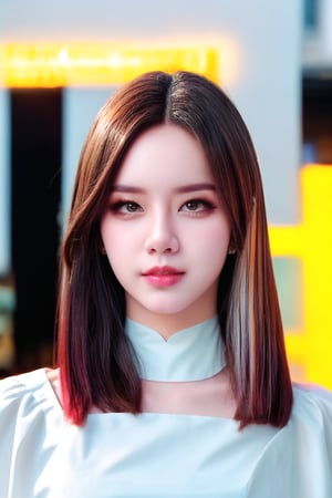 a  portrait of beautiful girl  wearing a DRESS AND AI celebrity office LOOK different UNIQUE hot STRAIGHT pose and lighting  cafe background  and an ai influencer and a colorful long hair. 8K CLEAR