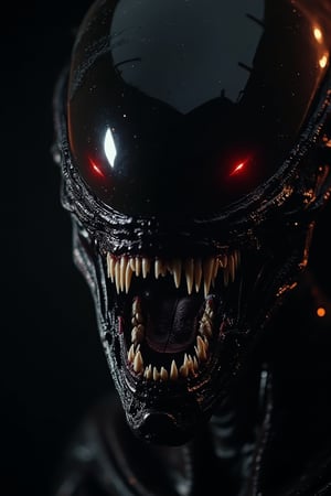 A portrait image of an alien xenomorph, showcasing perfect and detailed eyes that are very focused. Alien xenomorph fine and pointed teeth are meticulously rendered, capturing every nuance. The lighting is dramatic, highlighting the fiery essence of the creature. The composition is tight, emphasizing the intense gaze and menacing presence. High detail, 8k resolution, with sharp focus on the dragon's eyes, and teeth.