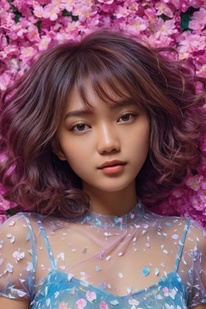 In a stunning portrait, September Ai, a HONG KONG Girl with brown skin and short messy hair, lies from the front point pose, exuding high fashion elegance. Against a flowing neon-holographic floral background, iridescent vaporwave effects dance around her. The overall composition is fluid, with delicate flowers swirling behind her. A realistic illustration of this beauty, featuring long blonde hair, is reminiscent of Flat vector art. score_9, score_8_up, score_7_up, score_6_up,School_girl,gh3a,b3rli