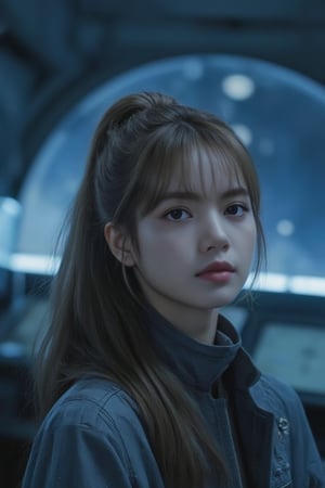 A tight framing captures the young girl's face, her eyes absorbed in the celestial canvas outside the spacecraft's glass dome. Soft blue lighting within the ship illuminates her golden hair tied up back in a ponytail, casting a warm glow on her skin. The dimly lit atmosphere reveals only subtle hints of instrument panels and control stations behind her, while her contemplative gaze seems lost in thought, pondering the mysteries of the universe.