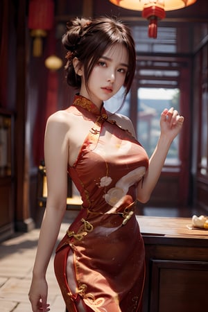 Beautiful asian girl, solo, {beautiful and detailed eyes}, medium breasts, calm expression, natural and soft light,bun hairstyle, hair blown by the breeze, delicate facial features, Blunt bangs, beautiful russian girl, Shiny skin, Pendants, Necklaces,(wearing a red cheongsam outfit:1.3), 20 year old, realhands,((model pose)), (background old Chinese home in 400 year and old lamp),sarahviloid,jenadammaya,nancy ,v4ni4