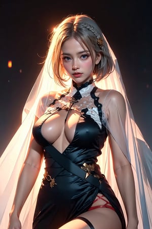 (masterpiece, top quality, best quality, official art, beautiful and aesthetic:1.2), hdr, high contrast, wideshot, 1girl, blunt bangs, looking at viewer, (seducing act), frosty, icy eyeshadow, longfade eyebrow, soft make up, juicy lips, large breast, hourglass body, light smile, finger detailed, background detailed, ambient lighting, extreme detailed, cinematic shot, realistic ilustration, (soothing tones:1.3), (hyperdetailed:1.2), azlnsirius, side braid, hair ornament, chinese clothes, grey dress, breast curtains, pelvic curtain, garter straps, see-through, white thighhighs, white gloves, azlnsirius,azlnsirius, short hair,r1ge,frey4,est4,n4git4,wul4n,GraciaJKT48