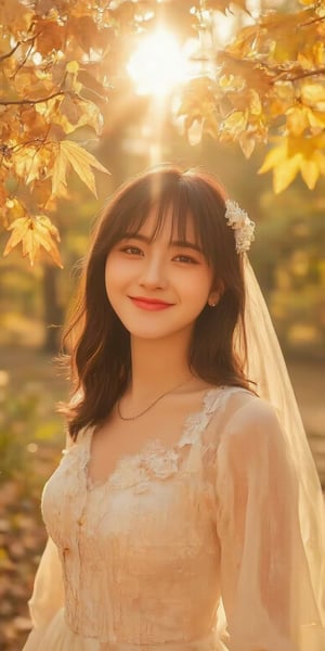 A stunning Korean girl poses confidently in a picturesque forest setting, surrounded by vibrant autumn maple leaves. She wears a delicate white lace dress that highlights her toned upper body and accentuates her impressive bust, with long black hair framing her face and bangs gently falling across her forehead. Her bright brown eyes sparkle with joy as she gazes directly at the viewer, exuding happiness and contentment. The soft sunlight filters through the trees, casting a warm glow on her features. (face close-up:1.4)