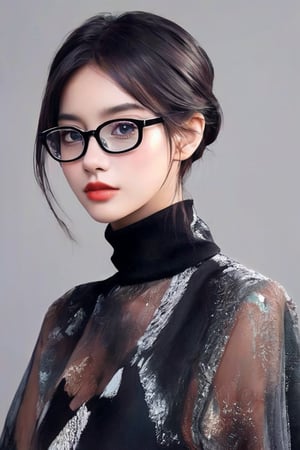 ((masterpiece)), ((best quality)), (((photo Realistic))), (portrait photo), (8k, RAW photo, best quality, masterpiece:1.2), (realistic, photo-realistic:1.3). An entrancing portrait of a young woman, donning stylish glasses, black hat and a mysterious black scarf that conceals her eyes. she wearing black sheer and black jacket, Her intense gaze pierces through the viewer, captivating their attention and drawing them into the captivating image. With her hair cascading voluminously down her shoulders, she exudes an enigmatic allure that only heightens her mystique. The background a muted steel gray hue, accentuating the striking composition and the subject's mesmerizing presence. The photograph masterfully combines colors, shapes, and textures, evoking a sense of fascination and curiosity.